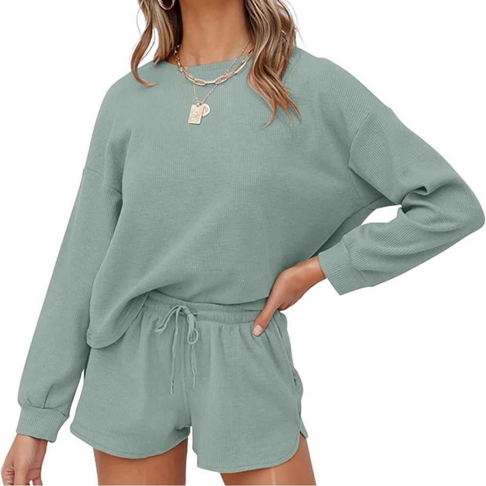 NEW! Women's Waffle Knit Long Sleeve Top & Shorts Pullover Nightwear Lounge Pjs